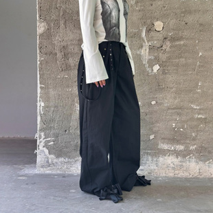 明星同款 阔腿裤 LEDIM 女春季 长裤 WANG铆钉背带休闲裤