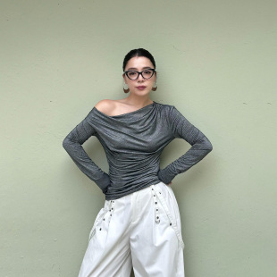 百搭上衣新款 LEDIM 长袖 银河解构斜肩T恤女秋灰色修身 WANG白标