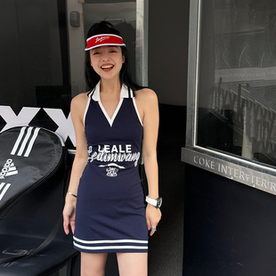 V领无袖 LEDIM 新款 运动风夏季 背心裙 WANG撞色印花连衣裙女美式
