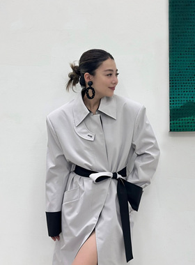 LEDIM WANG黑标/双色宽肩风衣外套女款秋灰黑2025新款T型长款宽松