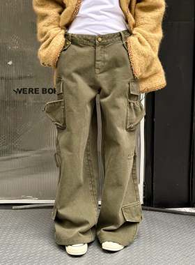 LEDIM WANG白标/多口袋军旅风牛仔裤女军绿色阔腿长裤25秋冬新款