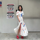 LEDIM 印花收腰连衣裙女夏气质大摆长裙2025新款 WANG 红标系列