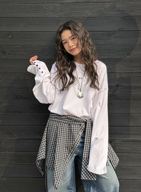 LEDIM WANG撞色刺绣长袖T恤女2026春新款白色宽松亲肤通勤上衣