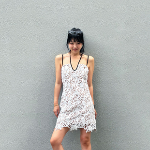 LEDIM 设计师原创高级感吊带裙 WANG蕾丝镂空连衣裙女2024春夏新款