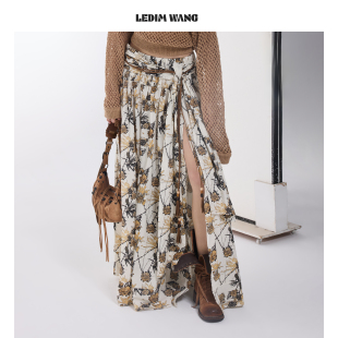 LEDIM 不规则复古大摆长裙 WANG印花绑带开叉半身裙女2026春夏新款