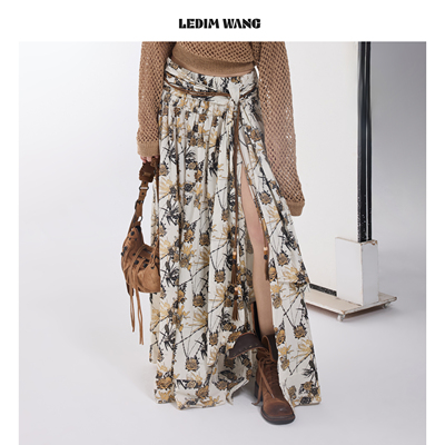LEDIMWANG印花绑带开叉半身裙女