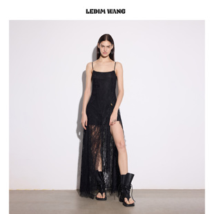 长裙2026早春新款 LEDIM WANG蕾丝吊带连衣裙女黑色A摆开衩薄款