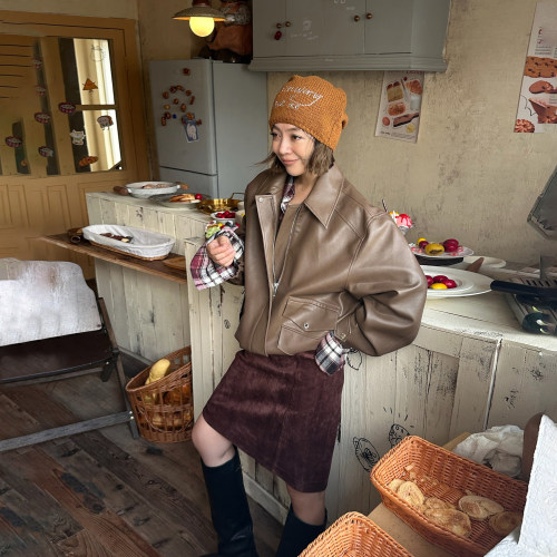 LEDIM WANG白标/都市游牧口袋宽松仿皮衣女25冬新款棕色夹克外套