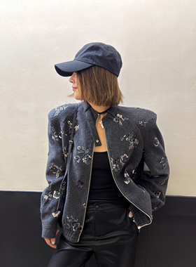 LEDIM WANG黑标/高智感亮片羊毛刺绣毛呢外套女深灰色25秋冬新款