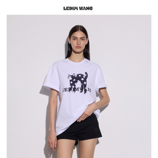 LEDIM WANG慵懒小猫印花T恤女波点植绒白色短袖上衣2026春夏新款
