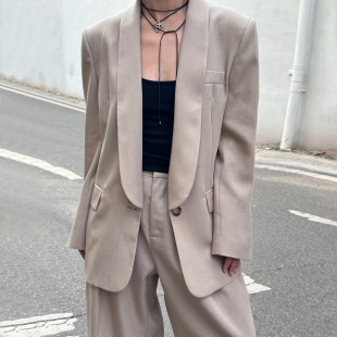 外套女25秋卡其西服 高智风荷叶边青果领休闲西装 LEDIM WANG黑标