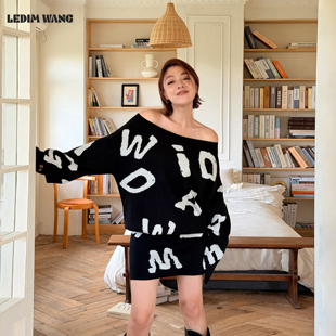 提花毛织连衣裙女一字肩斜肩百搭短裙25秋冬新款 LEDIM WANG白标