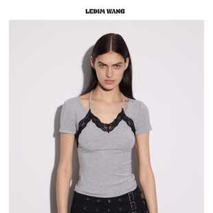 显瘦挂脖上衣26春夏新款 LEDIM WANG假两件蕾丝吊带T恤女灰色短袖