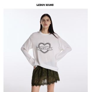 软柔上衣26春夏新款 T恤女白色薄款 WANG爱心印花桑蚕丝长袖 LEDIM