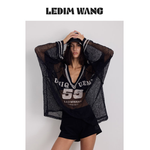 LEDIMWANG运动风V领蕾丝印花T恤