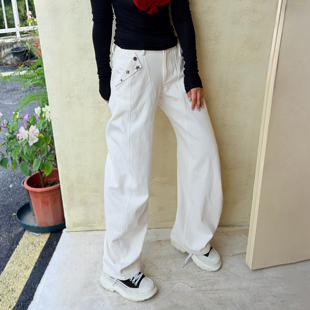 WANG白标 25秋冬新款 立体剪裁休闲裤 白色宽松长裤 女马蹄裤 LEDIM