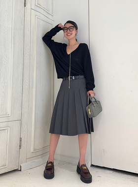 LEDIM WANG灰色半身裙女2024秋季新款百搭中长款高级感气质百褶裙