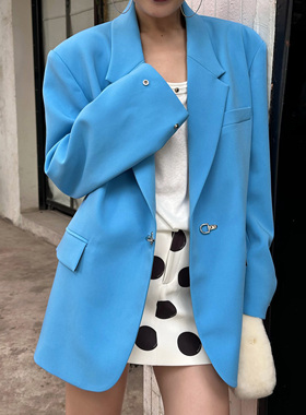 LEDIM WANG白标/金属扣宽松西服外套女秋款蓝色直筒上衣2025新款