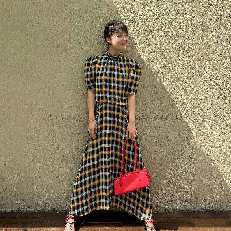 LEDIM WANG【吴昕同款】格纹雪纺连衣裙女2024夏季新款高级感长裙