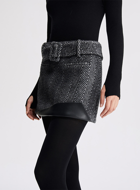 LEDIM WANG 人字纹撞色半裙经典百搭高腰通勤简约秋冬半身A字短裙