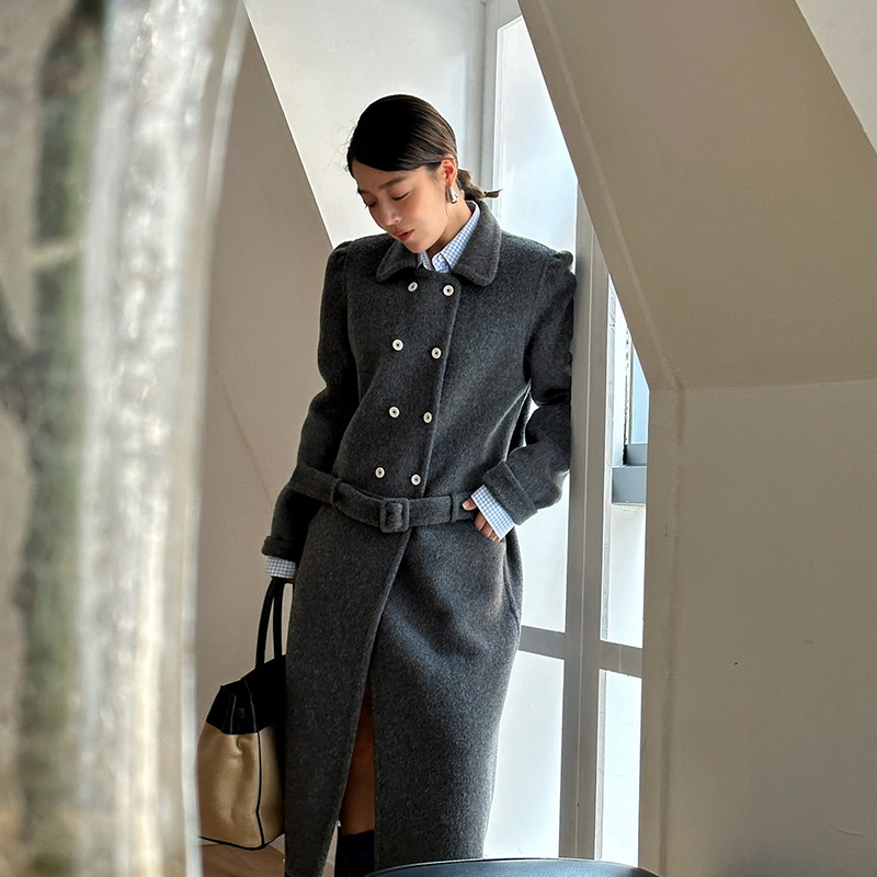 LEDIM WANG绵羊毛双面毛呢外套女2024秋季新款双排扣气质长款大衣