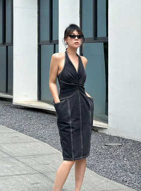 LEDIM WANG挂脖V领连衣裙女2024夏季新款小众设计高级感牛仔裙