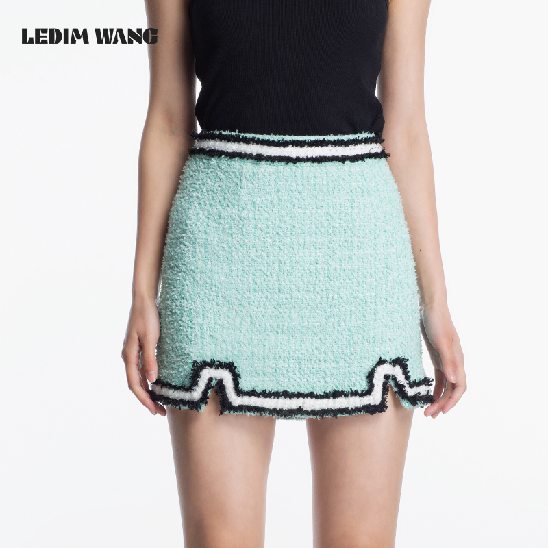 LEDIM WANG撞色边小香半裙女2023夏季新款中腰a字包臀短裙半身裙