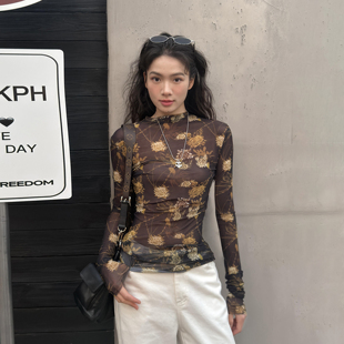 女26春夏新款 印花高弹网纱打底衫 WANG微透镂空黑色T恤长袖 LEDIM