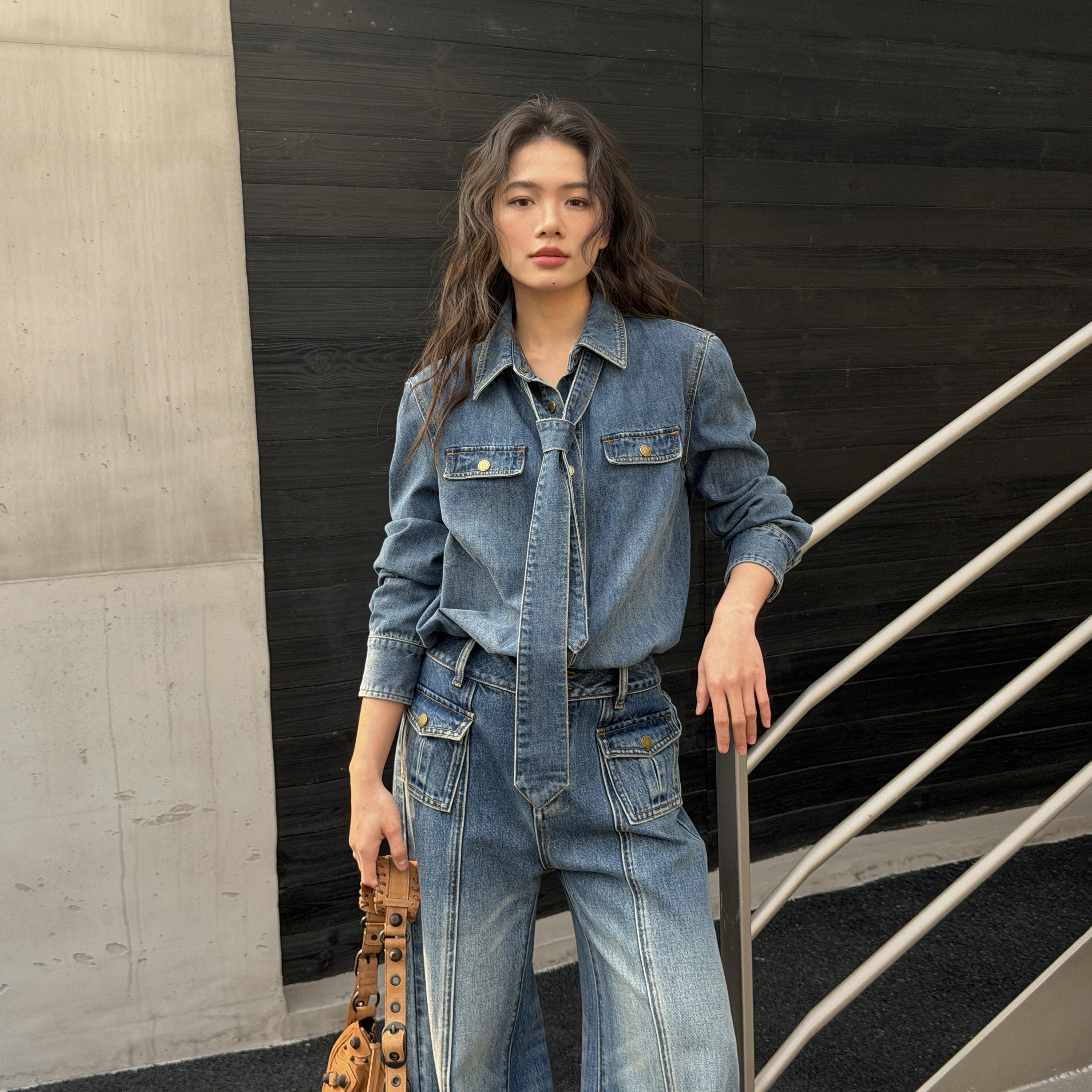 LEDIM WANG复古领带牛仔衬衫女蓝色洗水宽松长袖上衣2026春季新款,女装/女士精品,衬衫,淘宝优惠券,粉丝福利购,淘宝优惠卷