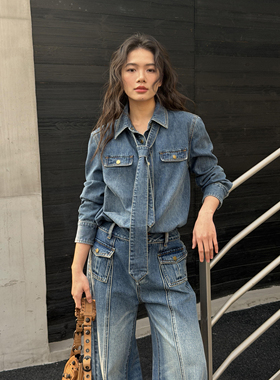 LEDIM WANG复古领带牛仔衬衫女蓝色洗水宽松长袖上衣2026春季新款