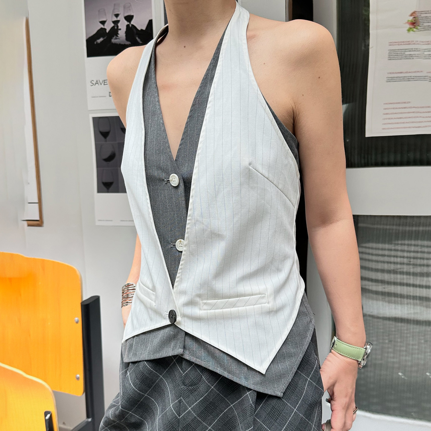 LEDIM WANG【黑标系列】假两件条纹挂脖马甲女夏修身上衣2025新款