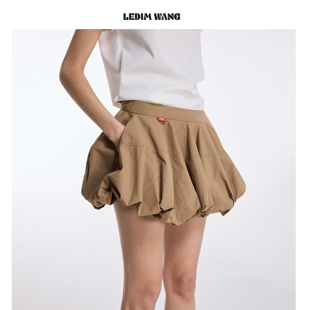 LEDIM WANG花苞泡泡A摆半身裙女卡其色休闲百搭短裙2026春夏新款