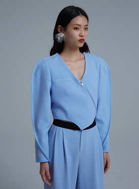 LEDIM WANG弧形不规则西装外套蓝色女小众设计感不对称西服高级感