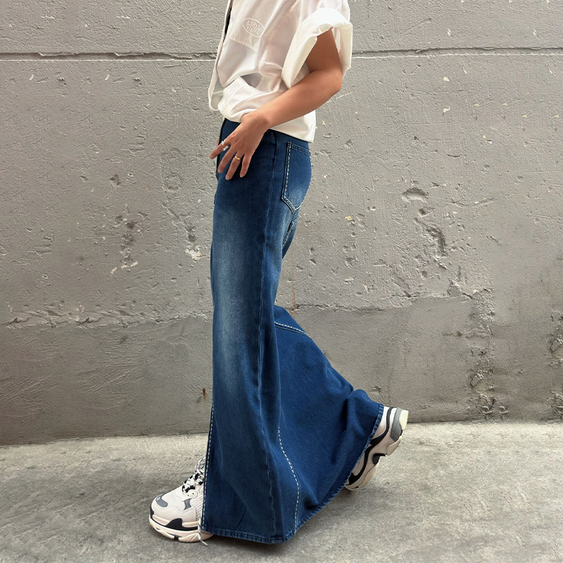 LEDIM WANG线迹牛仔开叉半裙女2024春秋新款纯棉不规则鱼尾牛仔裙