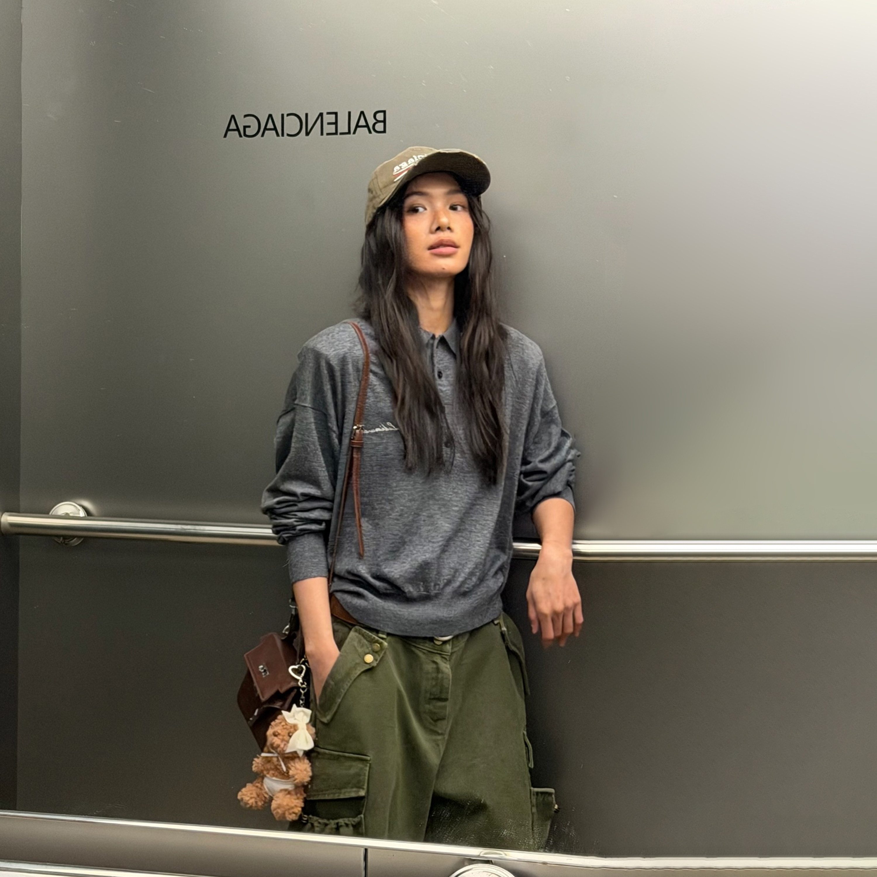 LEDIM WANG白标/刺绣垫肩针织衫毛衣女POLO领灰色上衣25秋冬新款