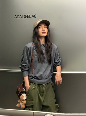 LEDIM WANG白标/刺绣垫肩针织衫毛衣女POLO领灰色上衣25秋冬新款