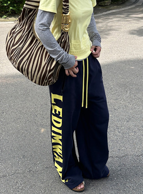 LEDIM WANG红标/双腰头撞色吊档卫裤女藏蓝色直筒长裤2025冬新款