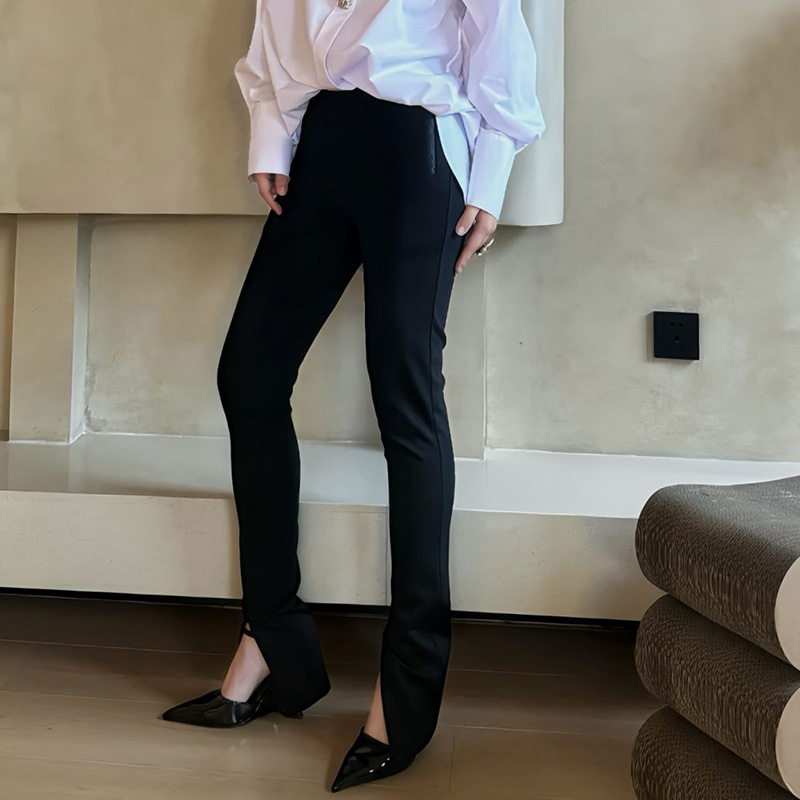 LEDIM WANG 开叉弹力小脚裤女2024春夏季新款设计感紧身微喇叭裤