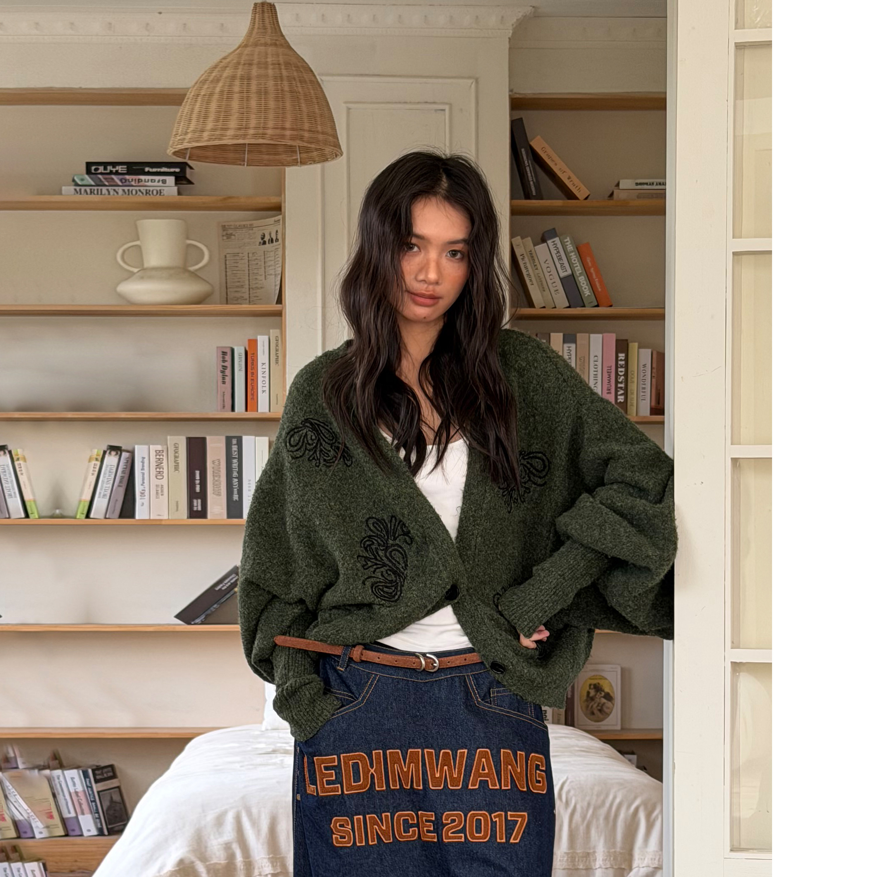 LEDIM WANG羊腿袖绣花毛衣开衫长袖茧型绿色女复古宽松25秋冬新款