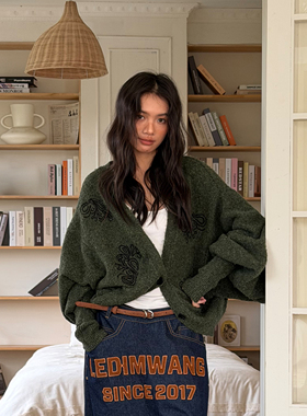 LEDIM WANG羊腿袖绣花毛衣开衫长袖茧型绿色女复古宽松25秋冬新款