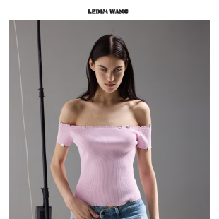 针织短袖 樱花粉修身 WANG一字肩金属夹片T恤女2026春夏新款 LEDIM