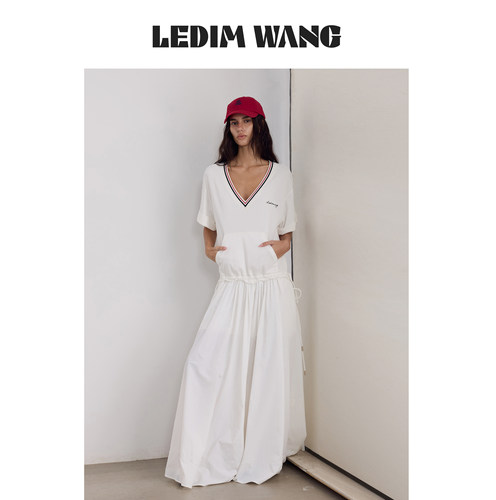 LEDIMWANG低腰线V领拼接连衣裙