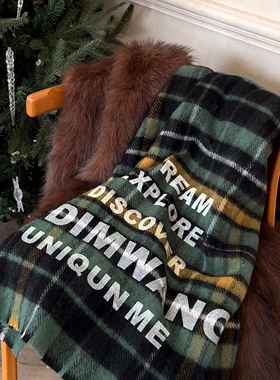 LEDIM WANG 格纹羊毛绿色围巾北欧风字母长款披肩2025秋冬新款