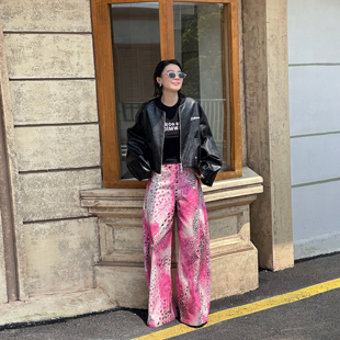 皮夹克外套女25秋新款 LEDIM 短款 暗藏花豹美式 宽松上衣 WANG白标