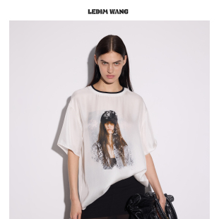 套头宽松上衣26春夏新款 LEDIM WANG桑蚕丝凉感印花T恤女白色短袖
