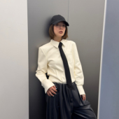 LEDIM 衬衣女奶白色上衣2025秋冬新款 WANG黑标 高智风环保皮长袖