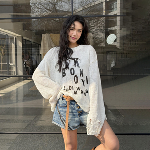 宽松直筒上衣2026春夏新款 女白色长袖 WANG印花镂空毛针织衫 LEDIM