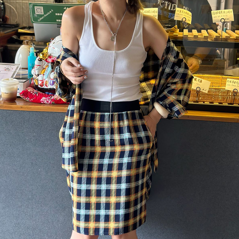 LEDIM WANG格纹雪纺半身裙女2024夏季新款小众设计休闲感铅笔裙