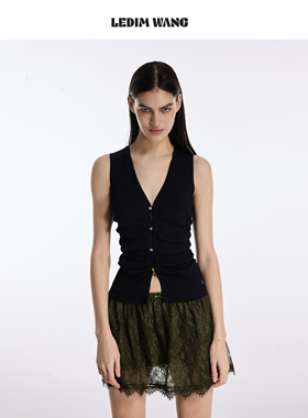 LEDIM WANG碎褶V领无袖毛针织衫女黑色收腰修身上衣26春夏新款