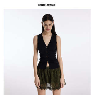 上衣26春夏新款 LEDIM 女黑色收腰修身 毛针织衫 WANG碎褶V领无袖